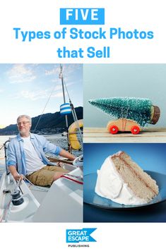 the cover of five types of stock photos that sell, including cake and christmas tree