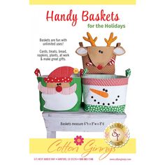 an advertisement for handmade christmas baskets with reindeers and snowmen