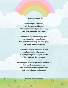 a poem written in the shape of a rainbow on a blue sky with clouds and grass