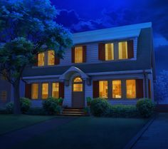 a painting of a house at night with the lights on