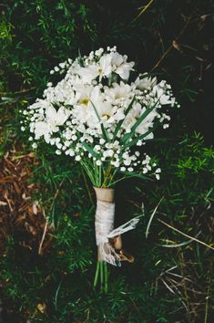 a bouquet of white flowers sitting in the grass