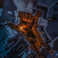 an aerial view of the city at night