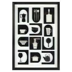 a framed black and white poster with kitchen utensils on it's side