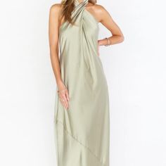 Worn Once-Bought Brand New. No Stains, No Alterations, No Snags Or Rips. Mumu Halter Dress, Jasmine Dress, Mumu Dress, Halter Maxi, Halter Maxi Dresses, Satin Color, Moss Green, Satin, Brand New