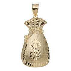 Here's a Money Bag Pendant. From our Pendant Collection, this 10K Yellow Gold Solid Diamond-Cut Money Bag Pendant features a diamond-cut finish. Product Details:Metal: Real 10K GoldWeight:#1 - 7.20 grams - Length: Just under 2 3/4" by 1 1/4" - Bail: 11mm by 7.5mm #2 - 6.02 grams - Length: 2 1/4" by 1" - Bail: 8mm by 6mm Money Bag, Diamond Cut, Diamond Cuts, Gold Necklace, Yellow Gold, Money, Pendant, Yellow, Gold