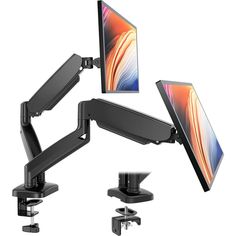 three computer screens are attached to the arm of a desk