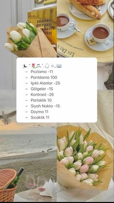 there is a collage of photos with flowers and food on the table next to the ocean