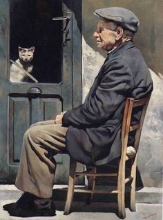 an old man sitting in a chair next to a cat