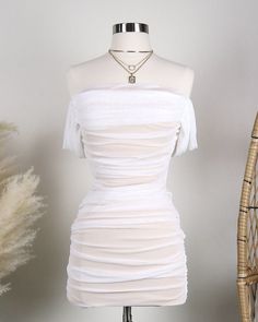 The cutest dress featuring a strapless square neck design, back zip closure, ruched detailing throughout,... Neck Design Back, Square Neck Design, Off The Shoulder Sleeves, Mesh Overlay, White Mesh, Mesh Dress, The Line, Neck Designs