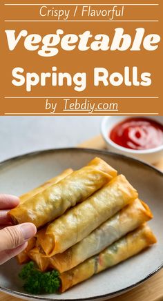 crispy vegetable spring rolls on a plate with dipping sauce