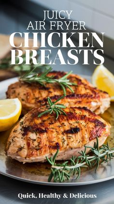 Enjoy this quick and easy Juicy Air Fryer Chicken Breasts recipe!   Perfectly crispy on the outside and tender on the inside, it’s ideal for busy weeknights. Healthy, flavorful, and made in just minutes with your air fryer.   Give it a try for a simple, delicious meal!   #AirFryerRecipesChickenBreast #AirFryerOvenRecipes #AirFrierRecipes #HealthyDinner Ninja Air Fryer Chicken Breast, How To Air Fry Chicken Breast, Juicy Air Fryer Chicken Breast, Grilled Chicken In Air Fryer, Chicken Breast Air Fryer Recipes, Chicken Breast Recipes Air Fryer