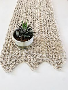 a crocheted table runner with a potted succulent in it on a white surface