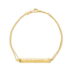 Make your own custom roman numeral gold bracelet with this fun design! This gold roman numeral bracelet features a double chain and a 1 3/8 and 1/4 inch engravable plate. Made in gold plated sterling silver  it really shines. Your bracelet can also feature an additional engraving on the inside like a date  name  identification or message. The dainty chains are lightweight and the back has a single lobster claw closure.  Details: • Gold Roman Numerals Bangle • Gold Plated Silver • 7 1/4 Inches Lo Classic Gold Name Bracelet For Anniversary, Classic Gold Bracelet With Name For Anniversary, Classic Custom Name Bracelet, Personalized Classic Rose Gold Bracelet, Classic Engraved Bracelets For Birthday, Classic Personalized Name Bracelet For Anniversary, Roman Numeral Bracelet, Bangle Gold, Bar Bracelet