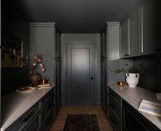 a long narrow kitchen with gray cabinets and white counter tops, along with an area rug on the floor