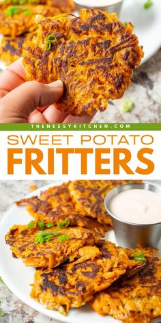 A simple fall recipe on how to make sweet potato fritters! Whether baked, cooked in the air fryer, or fried, these sweet potato patties are deliciously soft inside with a crispy outer layer. Great as a veggie side dish, an appetizer for dinner, or an easy afternoon snack! Spicy Sour Cream, Potato Fritters Recipe, Fritter Frying, Sweet Potato Patties, Oat Flour Recipes, Raw Sweet Potato, Sweet Potato Fritters, Easy Sweet Potato, Potato Latkes