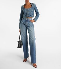 Укороченная джинсовая куртка синего цвета - Alaia | Митереза Blue Cropped Fitted Denim Jacket, Wed Leg, Khaite Denim Jacket, Luxury Cropped Denim Jacket With Pockets, Luxury Indigo Denim Jacket, Luxury Denim Cropped Jacket, Color Name, Cropped Denim Jacket, Denim Diy