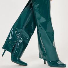 Pretty Patent Leather Knee High Boots Pointed Toe Fold Over Detail Patent Leather 4.5" Stiletto Heel Green Fitted Boots For Formal Occasions, Formal Green Fitted Boots, Formal Fitted Green Boots, Elegant Green Heeled Boots For Party, Elegant Fitted Green Heeled Boots, Chic Green Boots For Night Out, Teal Boots, Teal Branding, Leather Knee High Boots