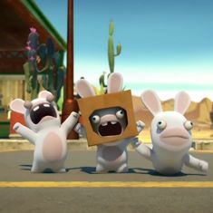 three animated animals are standing in the street with a box on their head and one has its mouth open