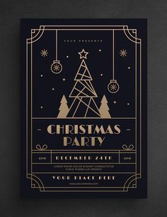 a christmas party flyer with a gold tree on the front and black back, in an art deco style