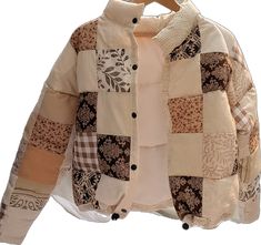 Cream Cotton Outerwear With Patchwork, Cream Patchwork Cotton Outerwear, Cozy White Patchwork Outerwear, Casual Floral Patchwork Outerwear For Winter, Winter Casual Patchwork Quilted Jacket, Casual Winter Outerwear With Floral Patchwork, Casual Patchwork Quilted Jacket For Winter, Casual Winter Quilted Jacket With Patchwork, Casual Patchwork Puffer Jacket For Fall