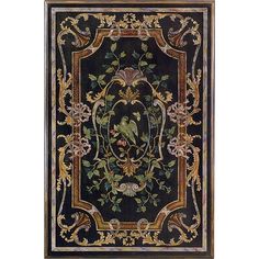 an intricately designed rug with birds and flowers on black ground, surrounded by gold trimmings