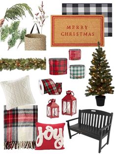 christmas decorations and presents are arranged on a white background, including a tree, plaid pillows,