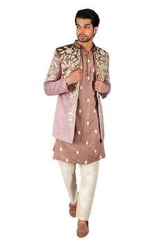 Chickoo italian cotton front-open jacket with floral and thread embroidery. Comes with aligadi pant and a kurta. - Aza Fashions Nehru Jacket With Embroidery And Traditional Drape For Spring, Embroidered Nehru Jacket With Traditional Drape For Spring, Traditional Drape Nehru Jacket Embroidered For Spring, Spring Designer Embroidered Sherwani, Spring Embroidered Bandhgala With Traditional Drape, Spring Embroidered Traditional Bandhgala, Spring Embroidered Nehru Jacket For Reception, Spring Reception Embroidered Nehru Jacket, Spring Floral Embroidery Bandhgala