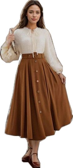 Brown Long Skirt With Buttons, Half Skirt, Embroidered Skirt, Dress Set, Type A, Two Piece Dress, Types Of Skirts, A Line Skirt, Types Of Collars