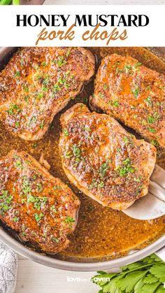 honey mustard pork chops in a skillet with parsley on top and the title overlay