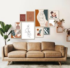 a couch sitting in front of a wall with art on it's sides and a potted plant next to it