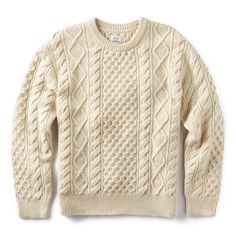 Aran Cable Crewneck Sweater Classic Textured Knit Sweater, Classic Wool Crew Sweater, Classic Wool Crew Neck Sweater, Classic Crew Neck Wool Sweater, Classic Cream Sweatshirt For Winter, Flint And Tinder, Crew Neck Sweaters, Aran Sweater, Stylish Sweaters