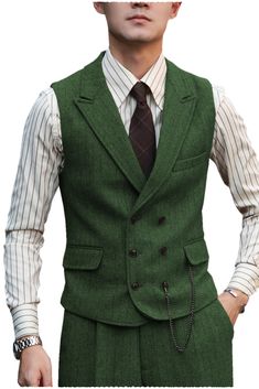 30% Wool / 60% Polyester / 10% Rayon. Herringbone. Include Vest + Pants. Peak Lapel. Double Breasted 8 Buttons. Back metal elastic adjustment buckle. Full lined. Machine wash / Hand wash. Color or size customization please note in the orde Button Shirt Outfit, Alternative Mens Fashion, Peak Lapel Suit, Vest Outfits Men, Mens Vest Fashion, Double Breasted Vest, Double Breasted Waistcoat, Slacks Trousers, Suit Waistcoat