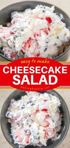 two bowls filled with cheesecake salad on top of a table