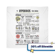 a white blanket with the words hyperous and symbols on it, next to an image of