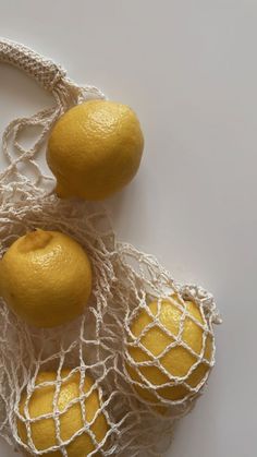 two lemons in a net bag on a white surface