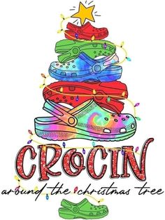 crocing around the christmas tree with colorful shoes on it's bottom and stars above