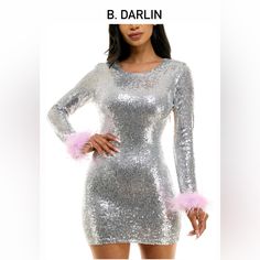 Step Up Your Party Style With This Sequined Bodycon Dress From B Darlin, Flaunting An Open Back. Fitted Through The Chest, Waist, And Hips Round Neckline; Bodycon Silhouette Feather Trim At Cuffs Sequins May Shed During Wear Lined Please See Pictures For More Details . Thanks!! Sequin Bodycon Dress, Feather Trim, Pink Feathers, Dresses Backless, Lavender Color, Silver Dress, Party Fashion, Dress Details, Sequin Dress