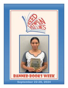 a woman holding a book in front of her face with the words banned books week on it