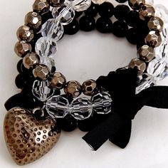 Heart Bracelet Set Trendy Black Bracelet For Valentine's Day, Black Metal Heart Bracelet As Gift, Trendy Black Bracelets For Valentine's Day, Trendy Black Heart-shaped Beaded Bracelets, Trendy Black Heart Beaded Bracelets, Trendy Black Heart Bracelet For Gift, Trendy Black Heart Bracelet As Gift, Black Bracelets For Party On Valentine's Day, Heart Bracelet