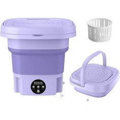 the purple ice cream maker is next to a plastic container with a strainer on it