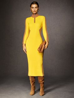 Stylewe offers stylish and concessional Sweater Dresses.. SPU: 11OSW7HF3DD, Color: Yellow, Pattern:Plain, Waistlines:Natural. Edgy Classy Style, Yellow Sweater Dress, Urban Sweater, Fashion Black And White, Gown Suit, Denim Maxi Dress, Sweater Outfit, Yellow Outfit, Fitted Mini Dress