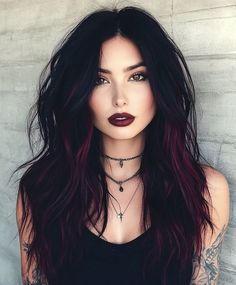 Gothic Balayage Hair, Dark Hair Pale Skin Hazel Eyes, Dark Unique Hair Color, Dark Red Black Hair Color, Black Hair With Deep Red Highlights, One Color Hair Ideas Brunettes, Black Hair Burgundy Money Piece, Fall Color Balayage, Fun Colors For Dark Hair