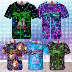 four baseball jerseys with neon lights on them and numbers in different colors, sizes and styles