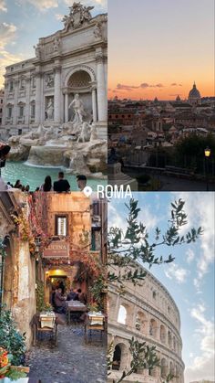 the collage shows different views of roman architecture and people sitting at tables in front of an old building