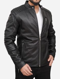 Padded Black Mens Motorcycle Jacket Urban Style Long Sleeve Leather Outerwear, Black Leather Blazer With Long Sleeves, Black Leather Outerwear With Zipper Closure, Style Black Leather Jacket, Black Cafe Racer, Quilted Leather Jacket, Man Cafe, Cafe Racer Leather Jacket, Black Leather Motorcycle Jacket