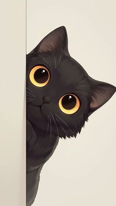 a black cat peeking out from behind a wall