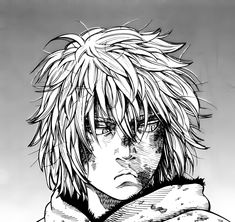 an anime character with long hair wearing a fur coat and looking to his left, in front of a gray background