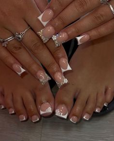 Spring Nail Sets Coffin, Short Acrylic Nails Duck Shape, Short Acrylic French Nails, Nail Designs With Rhinestones Short, Acrylic Nails And Toes Matching, Birthday Nails Scorpio, White Toe Nails Ideas, Gemini Nail Ideas, Short Nail Sets