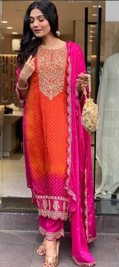 Orange, Pink and Majenta color Salwar Kameez in Silk fabric with Bandhej, Embroidered, Printed, Thread, Zari work Indian Long Dress, Bandhani Dress, Reception Lehenga, Dresses Traditional, Cute Pajama Sets, Indian Dresses Traditional, Zari Work, Cute Pajamas, Orange And Pink