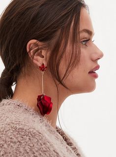 These beautiful earrings end in a collection of petals making these drop earrings a standout for any occasion. Post backs. Base metal. Imported. The best plus size women's red floral petal drop statement earrings in red. Torrid is your destination for cozy fall and winter clothes to keep you warm and comfortable. Rose Red Flower Drop Earrings, Red Flower-shaped Earrings For Party, Red Floral Earrings For Party, Red Flower Shape Earrings For Party, Red Flower-shaped Party Earrings, Red Flower Shaped Party Earrings, Flower-shaped Earrings For Valentine's Day, Flower Shaped Earrings For Valentine's Day, Valentine's Day Red Flower Party Earrings